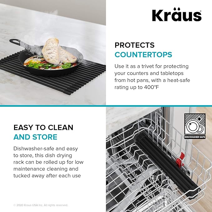 Kraus Multipurpose Workstation Sink Roll-Up Dish Drying Rack, Colander and Trivet in Dark Grey, KRM-11DG
