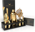Highball & Chaser Bartender Kit with Espresso Bamboo Stand. Beautiful Cobbler Cocktail Shaker Set with Bar Tools Rustproof Stainless Steel Bar Set (Matte Gold)
