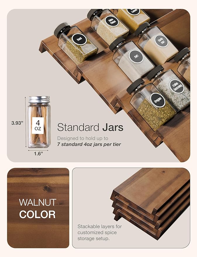 Tinamo Acacia Wooden Spice Rack Organizer for Cabinet - Spice Drawer Insert, Spice Organization for Cabinet, Seasoning Organizer, Spice Holder Pack of 8 (Walnut pack 8)