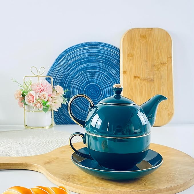 YBK Tech Ceramic Tea for One Set, 12oz Teapot and 8.2oz Cup with Saucer (Peacock Green)