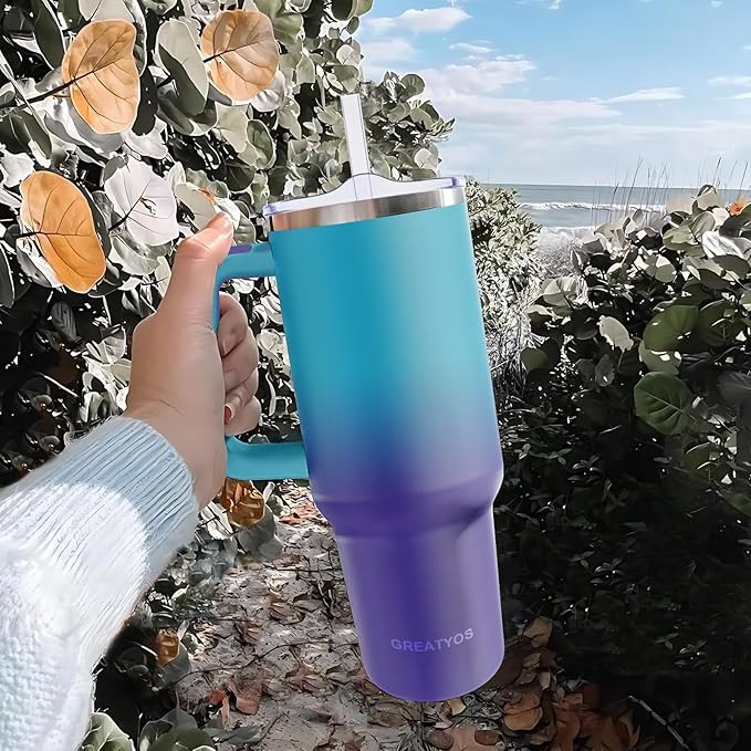 40 oz Tumbler with Handle and Straw Lid Insulated Tumblers Cups with Lids Straws Double Wall Vacuum Stainless Steel 40oz Tumbler Travel Mug Gifts for Men Women Him Her (Ocean Dream)