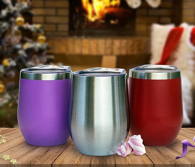CHILLOUT LIFE 12 oz Stainless Steel Wine Tumbler with Lid - Double Wall Vacuum Insulated Wine Cup Glass Keeping Cold & Hot for Coffee, Champagne, Cocktails, Ice Cream - Dishwasher Safe Finish