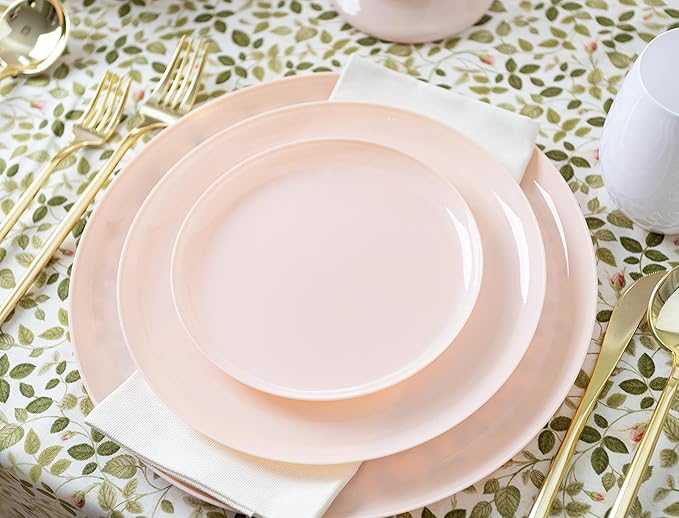 [30 Pack 8.6''] Pink Plastic Party Plates Edge Collection Premium heavyweight Elegant Disposable Tableware Dishes