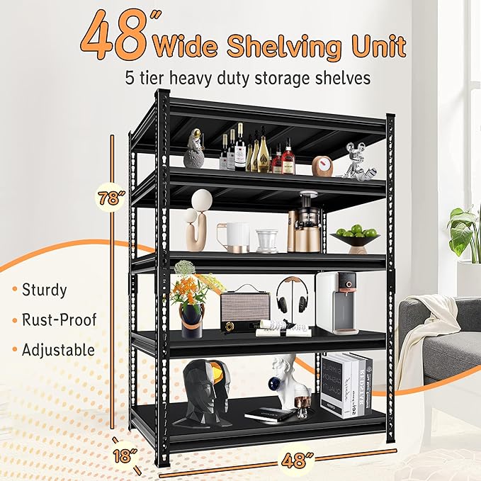 48''W Utility Garage Shelves: 2,500Lbs Heavy Duty Steel Metal Adjustable Shelving Storage Industrial Rack Units 5 Tier Black 48" W x 18" D x 78" H