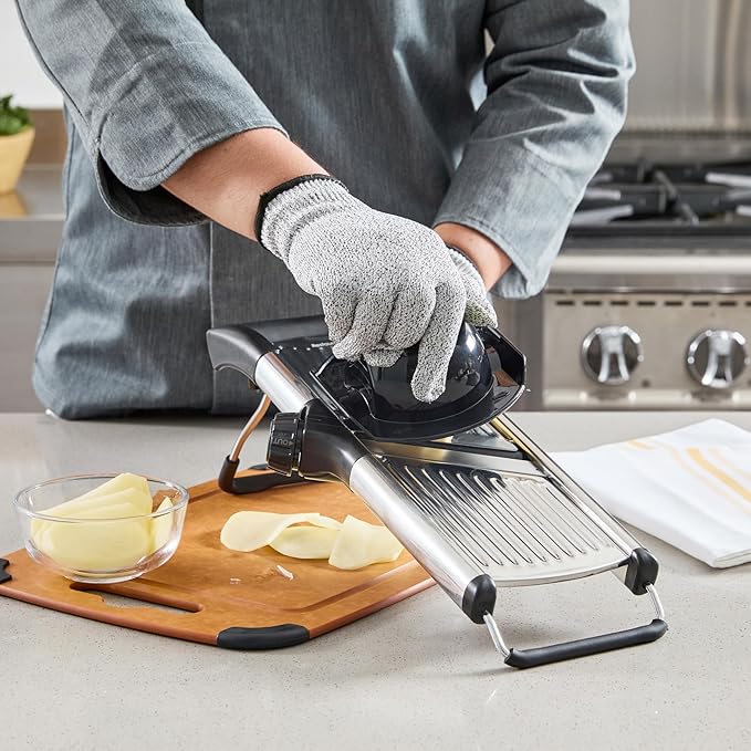 Restaurantware Stainless Steel Adjustable Mandoline Slicer - German Standard Vegetable Slicer with Blade Guard, Cut-Resistant Gloves, Cleaning Brush - Food Slicer for Potato, Onions, Cucumbers, Tomato
