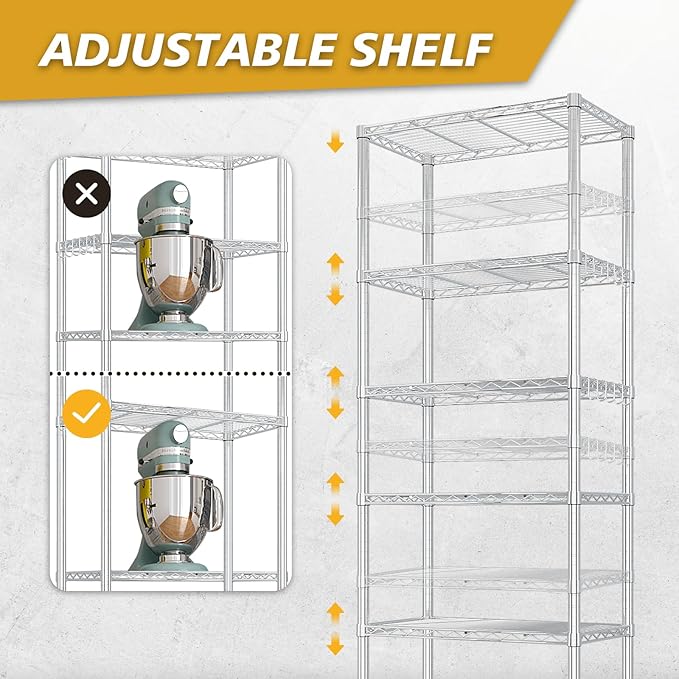 Karl home 6-Tier Storage Shelving with 1.5" Wheels,Adjustable NSF Metal Shelves Wire Storage Rack for Garage Kitchen Basement,1020LBS Capacity 72.83" H X 23.6" W X 13.78" D,Stainless S Hooks,Silver
