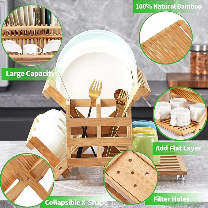 Bamboo Dish Drying Rack with Utensil Holder, Collapsible Wooden Dish Drainer Rack, 3-Tier Large Folding Drying Holder for Kitchen Counter 51 pcs Grid