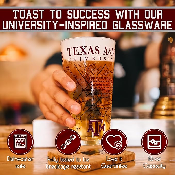 Greenline Goods – University of Texas A&M Aggies College Pint Beer Glasses (Set of 2), 16 oz – Full-Color Logo + Campus Map