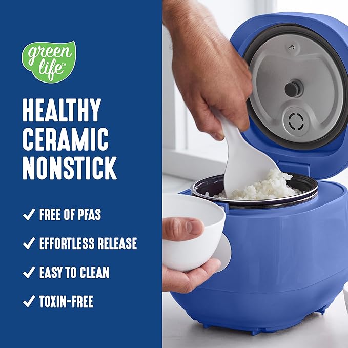 GreenLife Digital Rice Cooker, 2-Cups Uncooked/4-Cups Cooked, Removable Nonstick Ceramic PFAS-Free Pot, One-Touch Presets, Oats, Quinoa, Brown Rice, Auto Keep Warm, Fuzzy Logic Tech, 1.5QT, Navy Blue