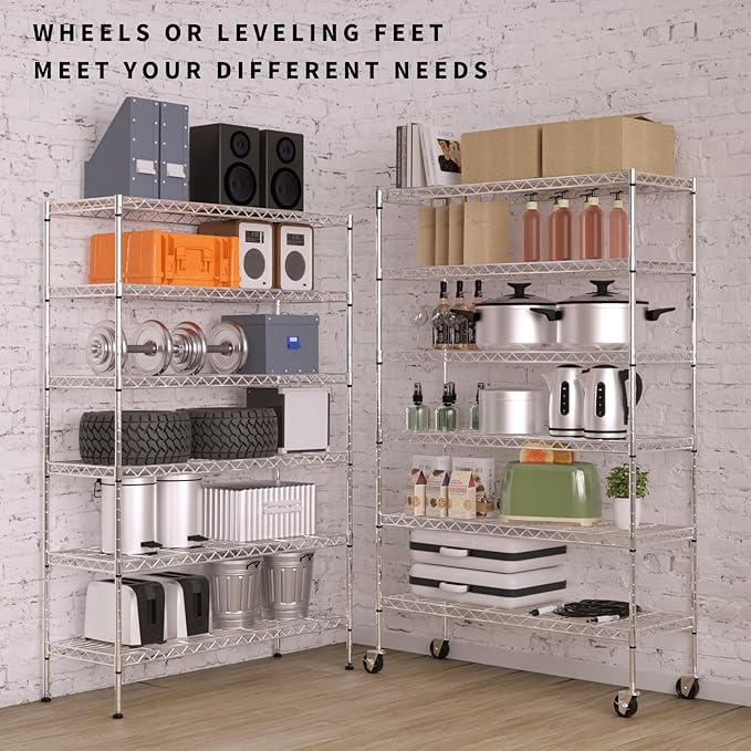 6-Tier Storage Shelves 48" x 18" x 82" Heavy Duty Metal Shelving Unit 2100Lb Capacity Adjustable Storage Racks with Wheels NSF Garage Wire Shelf for Basement Commercial, Chrome