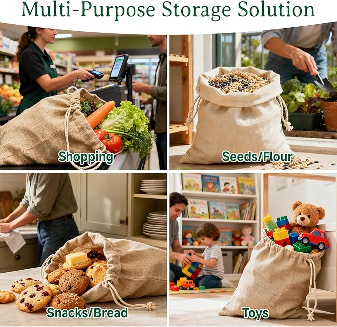 Simple&Opulence 6-Pack 14” x 17” Linen Cotton Drawstring Bags Reusable Grocery Sacks, DIY Craft Sachet Sacks Storage Cloth Bags for Party Wedding Home Bulk Produce Bags, Washable, Natual Linen