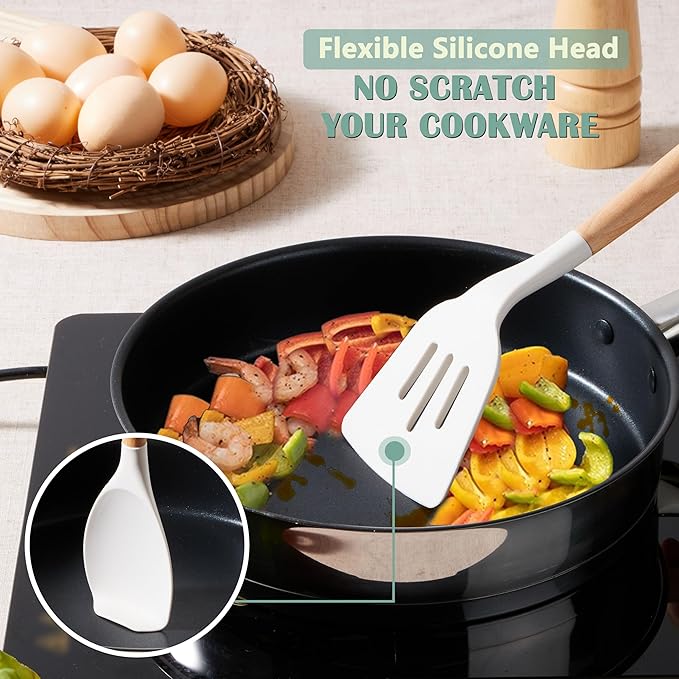 E-far Silicone Cooking Utensils Set, 5-Piece Kitchen Utensils Set with Wooden Handle for Cooking, Silicone Kitchen Nonstick Tools Spatula Turner Slotted Spoons, Nontoxic & Heat Resistant-White