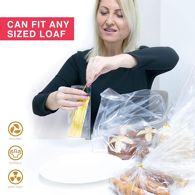Reusable Bread Bags with Ties - 50 Clear Bags and 50 Ties, Adjustable for Homemade Bread and Bakery Loaf