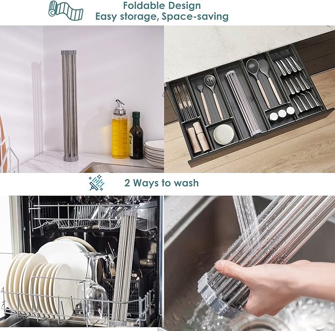 Tomorotec Roll Up Dish Drying Rack Over The Sink Grey Large Dish Drying Rack Rolling Foldable Collapsible SUS304 Stainless Steel Multipurpose Dish Drainer for Kitchen Counter (21”x11.8”)