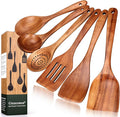 6 Piece Teak Wood Kitchen Utensil Set - Non-Scratch & Non-Toxic Kitchen Cooking Tools with Turner, Slotted Spatula, Angled Spatula, Skimmer, Serving & Salad Spoons