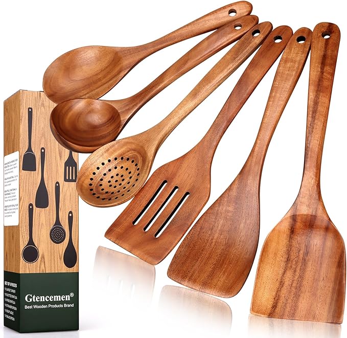 6 Piece Teak Wood Kitchen Utensil Set - Non-Scratch & Non-Toxic Kitchen Cooking Tools with Turner, Slotted Spatula, Angled Spatula, Skimmer, Serving & Salad Spoons