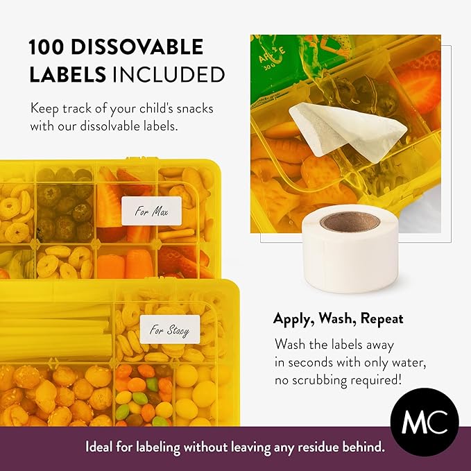 Large Kids Snack Box Containers Set of 2 -100 Labels, BPA-Free, Adjustable Compartments, Dishwasher Safe, Reusable Tray, Food Grade, Meal Prep Container, PARENT TESTED PARENT APPROVED AWARD (Yellow)
