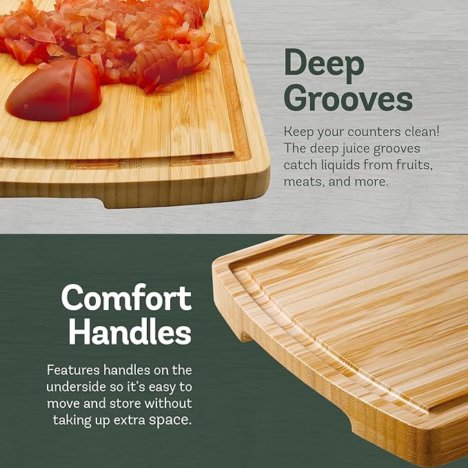 Wood Cutting Boards for Kitchen - Bamboo Cutting Board Set with Deep Juice Groove & Side Handles - Carving Chopping Board Butcher Block for Meat, Vegetables, Charcuterie, Cheese, Serving, or Meal Prep