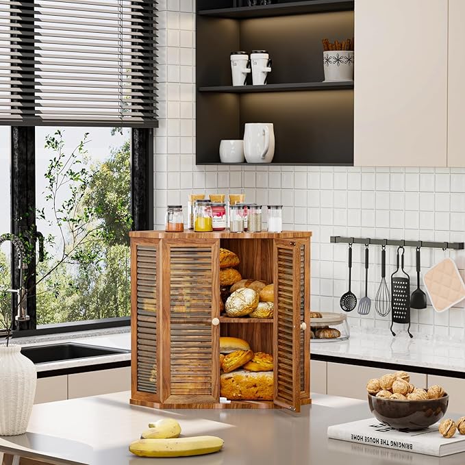 Corner Bread Box for Kitchen Countertop, Elegant Breadbox Organizer for Kitchen Countertop Cabinet 16.5in H,Large Double Layer Acacia Wooden Bread Storage Container with Glass Doors
