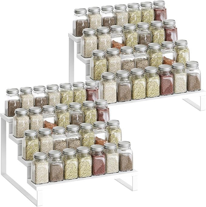Spice Rack, Wooden Display Riser Stand, Set of 2, Perfume Organizer, Vanity Display Stand, Tiered Countertop Organizers, Space Saving, for Kitchen Spices, Syrup, Coffee Mugs, White SR04L2WW
