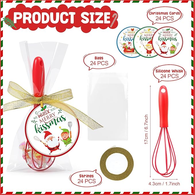 24 Sets 10 Inch Christmas Whisks Gifts Bulk Xmas Colored DIY Fillable Baking Supplies Christmas Tree Ornaments Silicone Whisks with Cards Cooking Egg Beaters Kitchen Favors