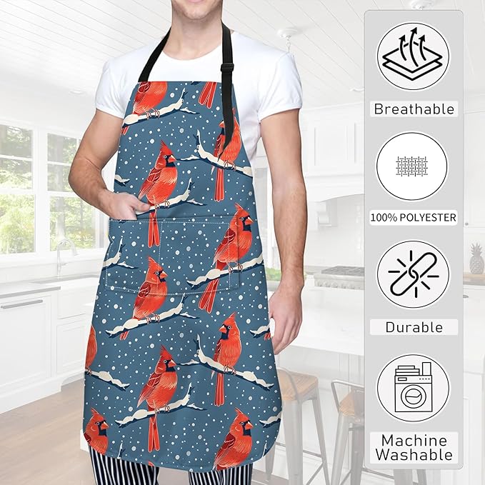 Red Cardinal Apron,Oxford Fabric Adjustable Kitchen Apron with 2 Pockets,Waterproof Cooking Aprons for Men Women Mom Wife Dad,Ideal Gifts for Coffee House,Shop,Baking,BBQ,Housewarming,28x33in
