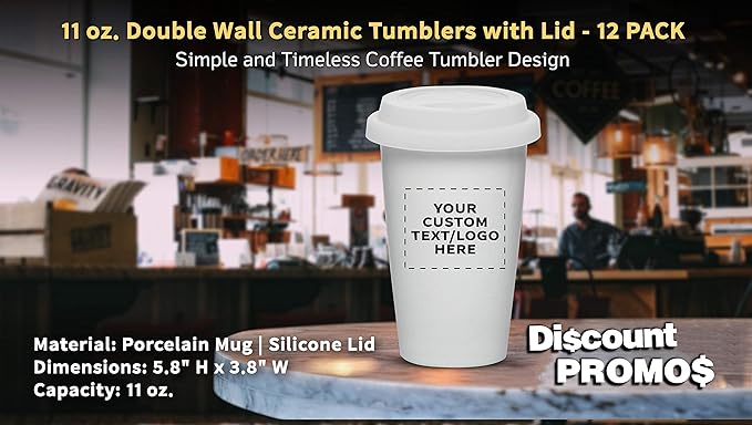Personalized 11 oz. Double Wall Ceramic Tumblers with Lid - 12 Pack - Custom Text, Logo - White