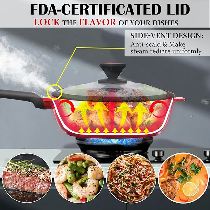 DIIG Nonstick Deep Frying Pan Skillet with Lid, 12 inch/ 5.5 QT Saute Pan with Silicone Lid, Sauce Cookware Cooking Chef Pans, Cast Aluminum Induction Compatible, Ruby Red
