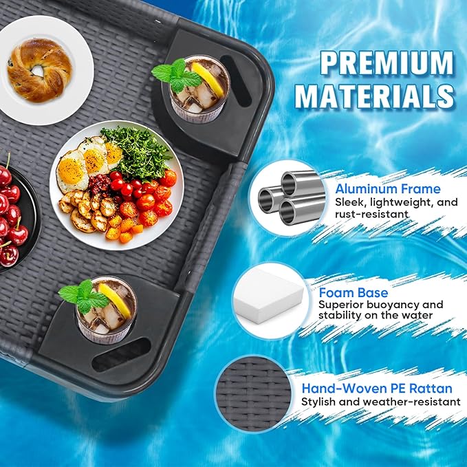 COOS BAY 24''x24'' Square Floating Drink Holder for Pool and Hot Hub, Large Floating Serving Tray with Handles, Wicker Floating Pool Tray for Food and Drinks, Gray