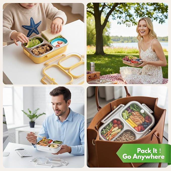 304 Stainless Steel Bento Lunch Box for Adults & Kids, 25 Oz Leakproof Metal Food Container with 3 Compartments, BPA-Free, Reusable&Dishwasher Safe, Fix for School,Office,Picnic,Travel(Khaki)