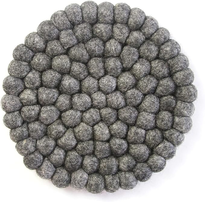 Global Crafts Hand Crafted Felt Ball Wool Trivet Mat from Nepal, 8" Round Pad, Dark Grey