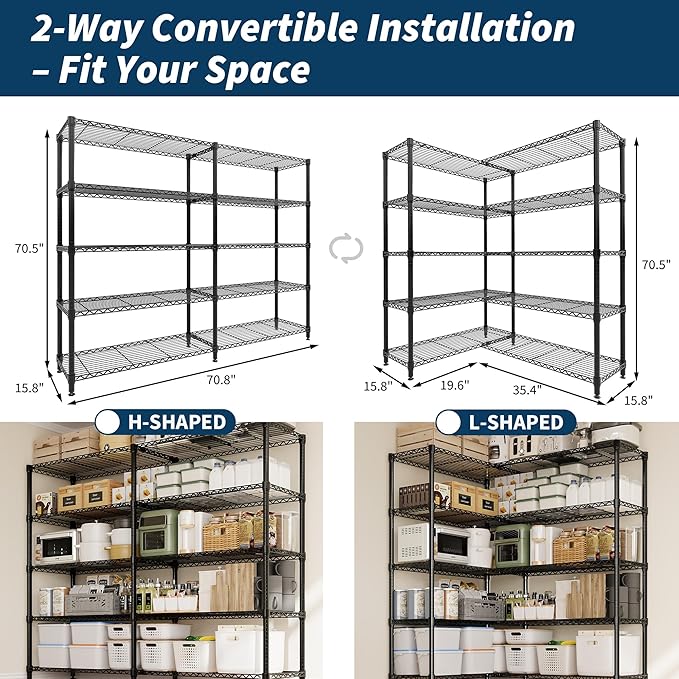 GAOMON 70" W Storage Shelves Metal Shelving Unit, 1325 LBS Heavy Duty Wire Shelving 5-Tier L-Shaped Storage Rack with Adjustable Shelf for Pantry Kitchen Corner Bedroom