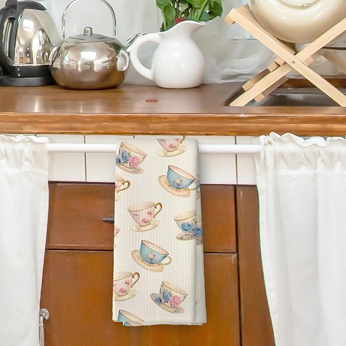 Retro Spring Floral Teacups Kitchen Dish Towels, Elegant Art Tea Party Decor, Coffee Lovers Gifts for Her, Cottage Roses Flower Cups Hand Towels Kitchen Tea Towels Decorations, 16x24inch