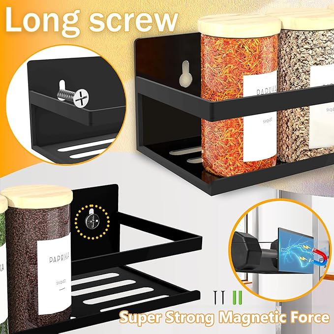 Magnetic Spice Rack for Refrigerator Seasoning Organizer for Spice Fridge Shelf storage Magnetic Shelf with Hook for Oven(4pack-Cut out-Black)