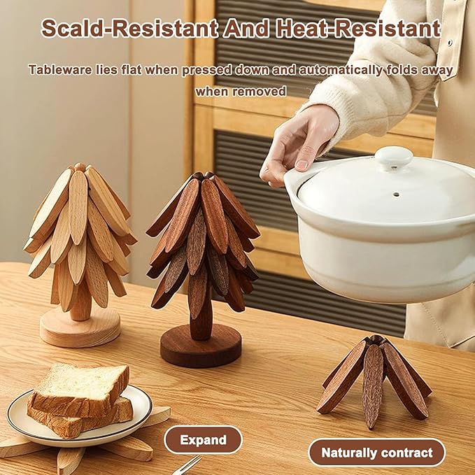 Natural Tree Trivet Set - Natural Foldable Kitchen Trivets, Handmade Wooden Hot Pad Holder for Plates, Pots, Pans, Cup, Kitchen Dining Table Protection (Wood, S)