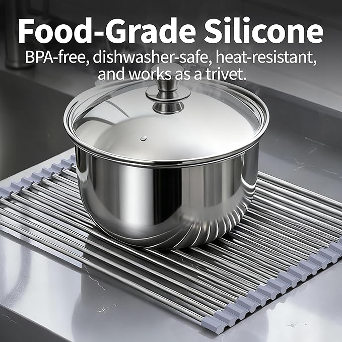 Roll Up Dish Drying Rack for Over Sink - 17.5"x15.7" Foldable Stainless Steel Kitchen Drainer,Gray