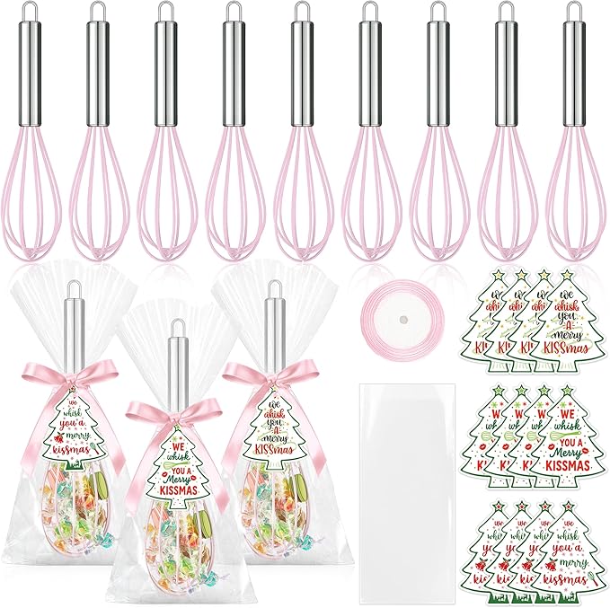12 Sets 10 Inch Christmas Whisk Baking Gifts, DIY Fillable Christmas Tree Ornaments, Xmas Colored Silicone Whisks for Xmas Employee Neighbor Cooking Supplies Xmas Stocking Stuffers Candy Holder
