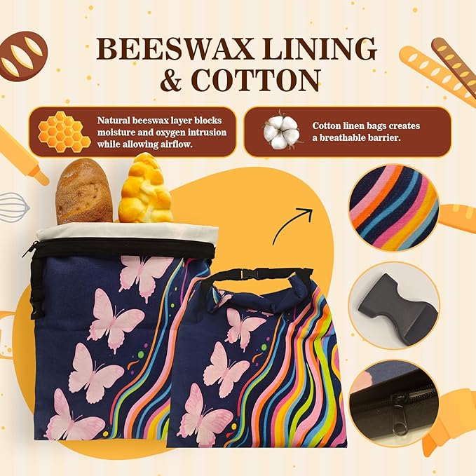 Beeswax Bread Bags for Sourdough 2 Pack 13"x17" Eco-Friendly Reusable Linen Cotton Storage Bags with Zipper Closure for Homemade Bread Fresh-Keeping, Freezer-Safe (Colorful butterfly)