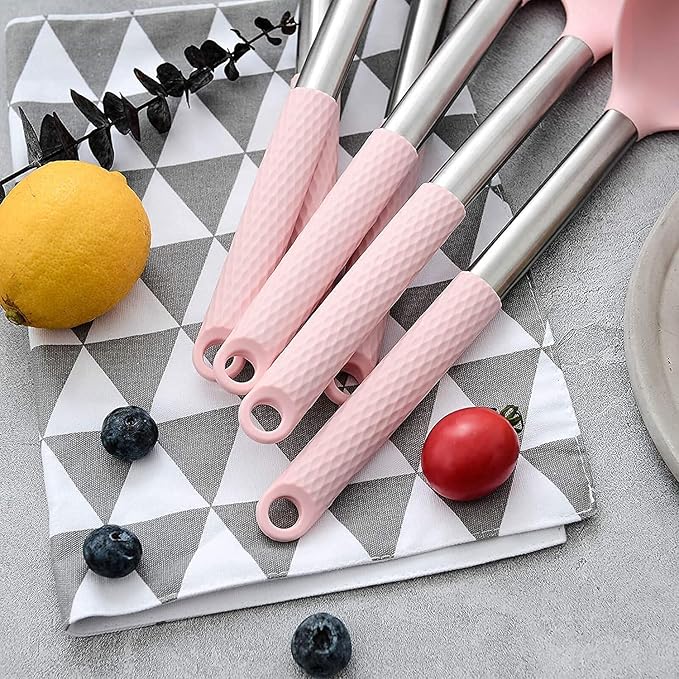 Rorence Kitchen Utensil Cooking Utensil Set for Baking Mixing: 12 Pieces Kitchen Gadgets Non-Stick & Heat Resistance Silicon and Stainless Steel Handles (Utensil Holder Not Included) - Pink