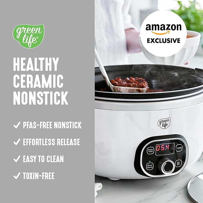 GreenLife 8QT Slow Cooker, Non-Toxic PFAS-Free Ceramic Nonstick Removable Interior Bowl, Programmable, Family Friendly, Keep Warm, Stovetop & Oven Safe, Dishwasher Safe Crock, Timer, Glass Lid, White