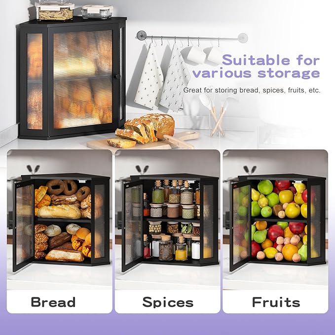 Corner Bread box for Kitchen Countertop,Farmhouse Bread Box with Acrylic Wavy Door Panel,Large Bread box for kitchen countertop,Kitchen Countertop Food Storage Container (Black, Extra Large)