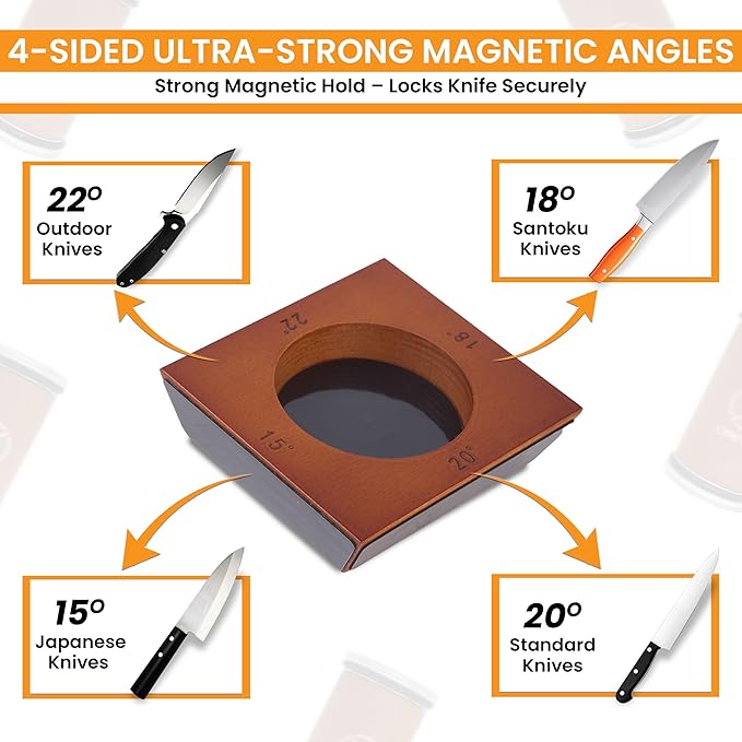 Rolling Knife Sharpener Kit – Magnetic 4-Angle Base, 3.86 Inches Longer Wooden Roller, 4 Grit Discs (1000/400 Diamond & 3000 Maroon / 6000 White Ceramic) and Leather Strop