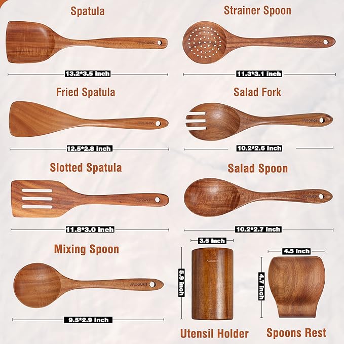 9pc Teak Wooden Utensils - Natural Teak Cooking Utensils with Premium Gift Box - Kitchen Gift Set