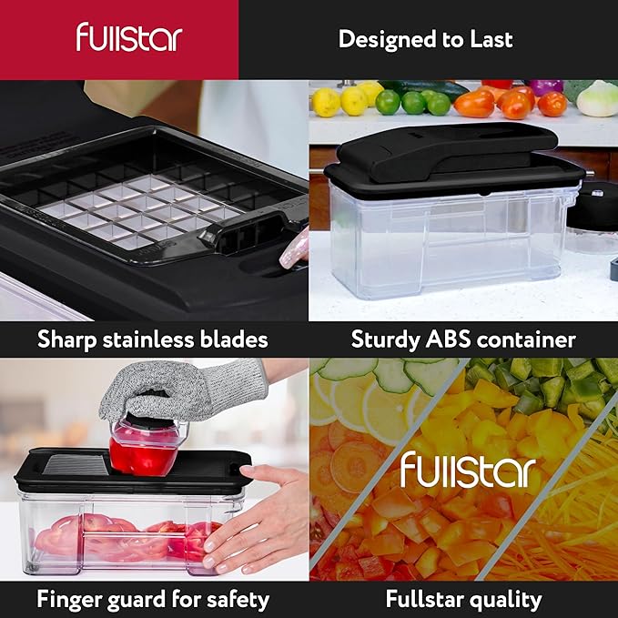 Fullstar Mandoline Slicer for Kitchen - Vegetable Chopper, Onion Potato Food Veggie Fruit Slicer and Cutter with Container, Kitchen Gadgets & Gifts, Home Essentials (4 in 1, Black)