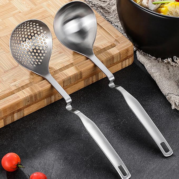304 Stainless Steel Soup Ladle Hot Pot Ladle Strainer Scoops Set for Cooking, Serving, Soups, Sauces, Stews and More, Silver, 12-Inch (2 Pieces)