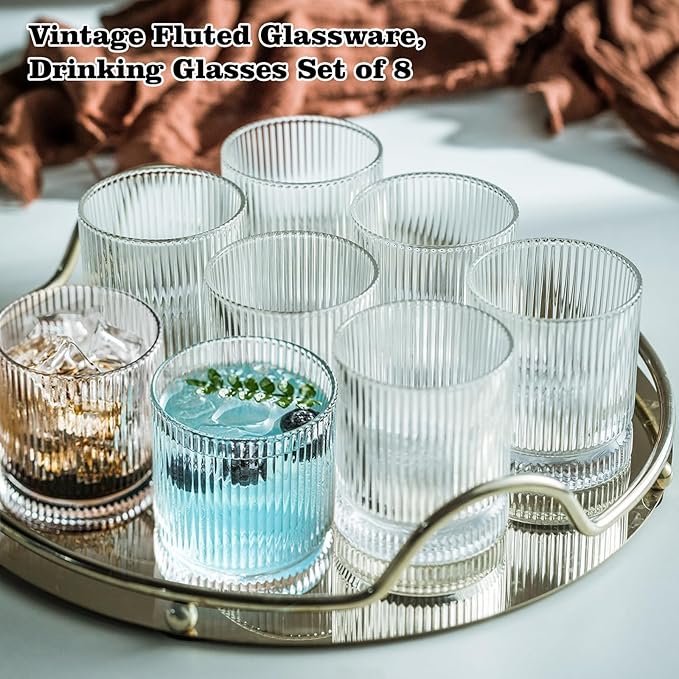 KEMORELA Drinking Glasses Set of 8, Ribbed Glassware, 13 Oz Old Fashioned Whiskey Glass, Vintage Glassware, Origami Style Cocktail Glasses, Clear Bar Glasses for Iced Coffee & Beverages (8PCS)