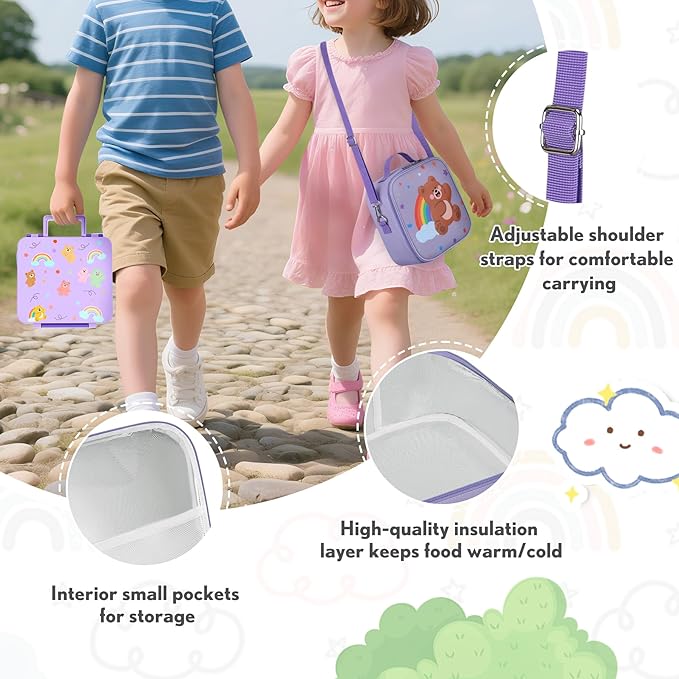 Lunch Box Kids with 5 Compartments, Insulated Food Jar & Utensil & Sauce Container & Lunch Bag & Silicone Collapsible Cup, Leak Proof Bento Box, BPA-Free & Dishwasher Safe-Deep Purple