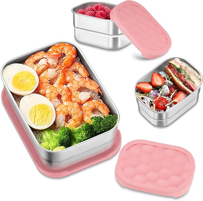 HaWare 8oz*2+25oz Stainless Steel Lunch Box for Kids, Leak Proof Lunch Container with Silicone Lids, Easy Open Food Storage Bento Box for School and Daycare, Dishwasher Safe