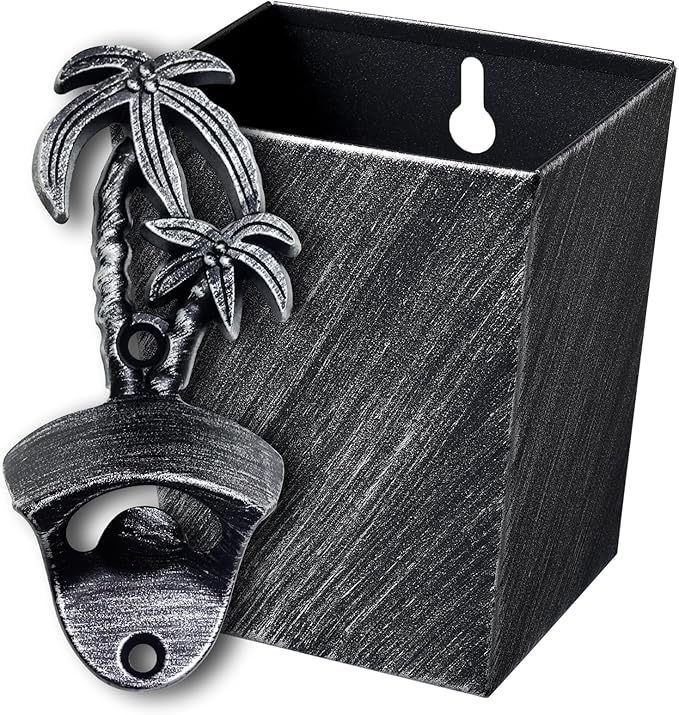 Rustic Palm Tree Bottle Top Opener Wall Mounted Bottle Opener with Cap Catcher Drained for Beach Gifts (Aged Silver)