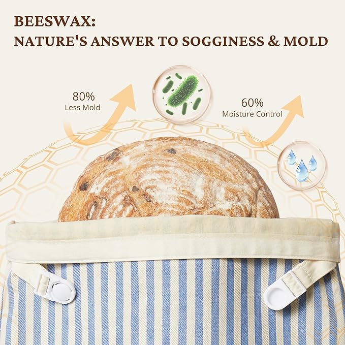 BRONYPRO Reusable Beeswax and Cotton Bread Bags, 2-Pack Waxed Bread Bags for Homemade Bread & Sourdough, Sustainable Sourdough Loaf Storage to Lock in Freshness, Large 17x12.6in, Blue